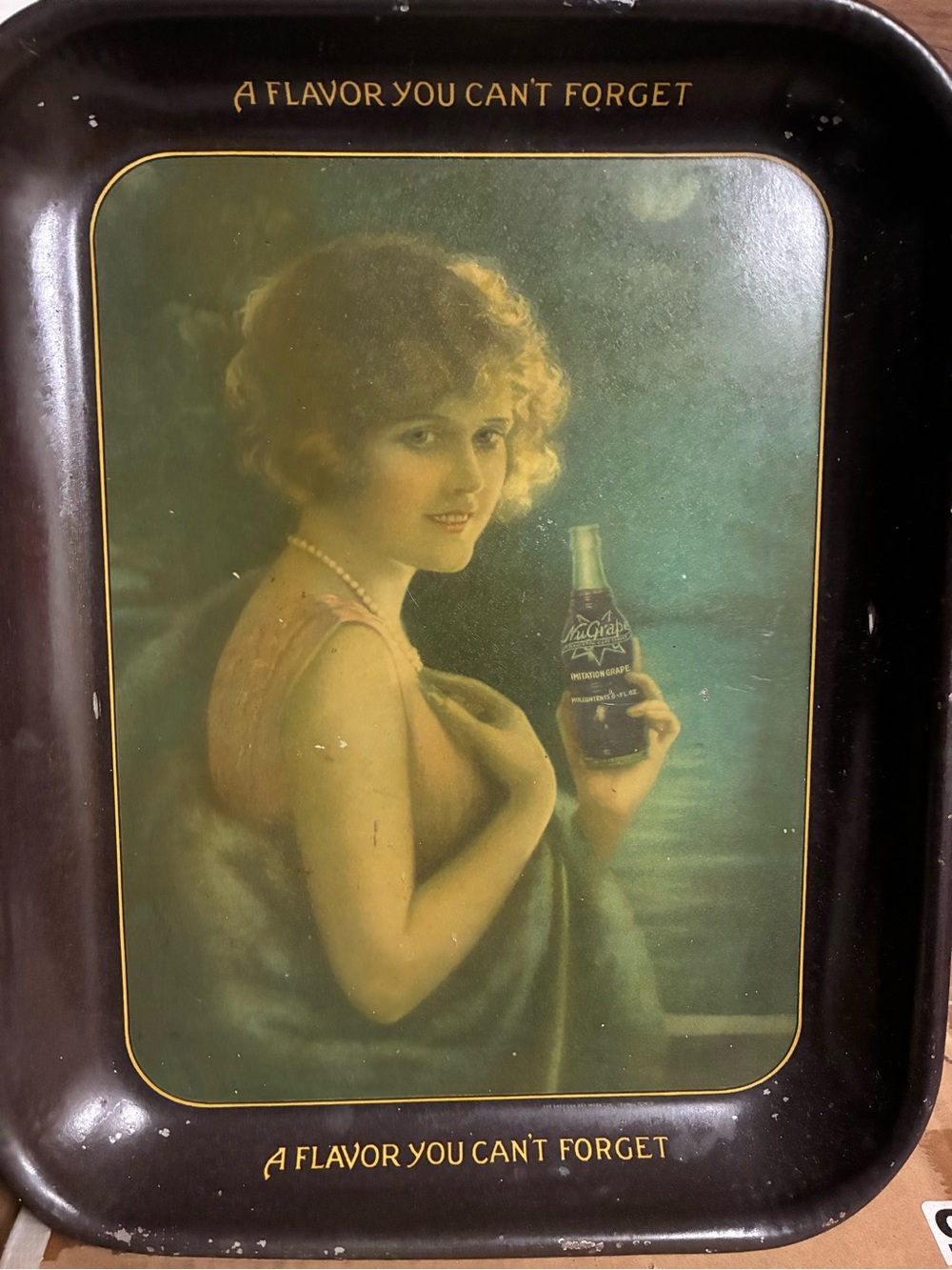 Vintage Woman Holding Bottle Advertising Tray - Green and Brown